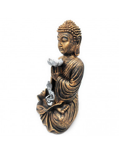 Tradineur - Figura de Buda sentado con mini buda, estatua decorativa de resina, regalo original, meditación, relajación, 33 x 20