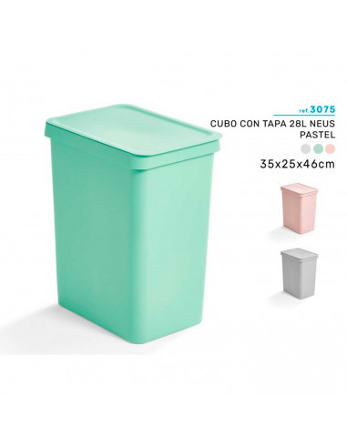 Tradineur - Cubo de basura rectangular con tapa - Fabricado en Plástico - Capacidad de 28 Litros - 44,5 x 35 x 25 cm - Color Pas