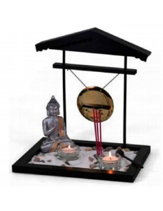 Tradineur - Jardín zen con Buda, gong, 2 portavelas e incienso, figura de buda para meditación, relajación, regalo, incluye aren