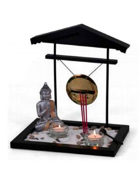 Tradineur - Jardín zen con Buda, gong, 2 portavelas e incienso, figura de buda para meditación, relajación, regalo, incluye aren