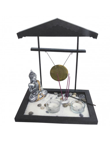 Tradineur - Jardín zen con Buda, gong, 2 portavelas e incienso, figura de buda para meditación, relajación, regalo, incluye aren