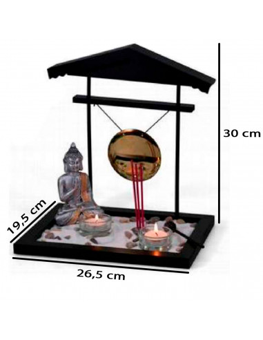 Tradineur - Jardín zen con Buda, gong, 2 portavelas e incienso, figura de buda para meditación, relajación, regalo, incluye aren