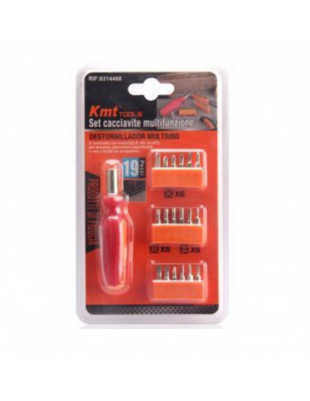 Destornillador multiusos con 19 puntas, hrc 50-52, crv 6150, dimensiones 9 x 2 cm.