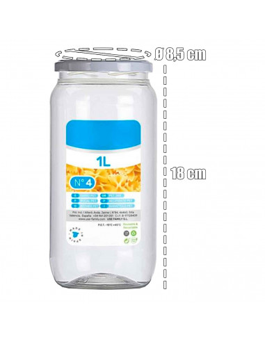 Tradineur - Tarro de plástico Nº 4 - Incluye tapa metálica - Ideal para la conservación de tus alimentos - Capacidad de 1 Litros
