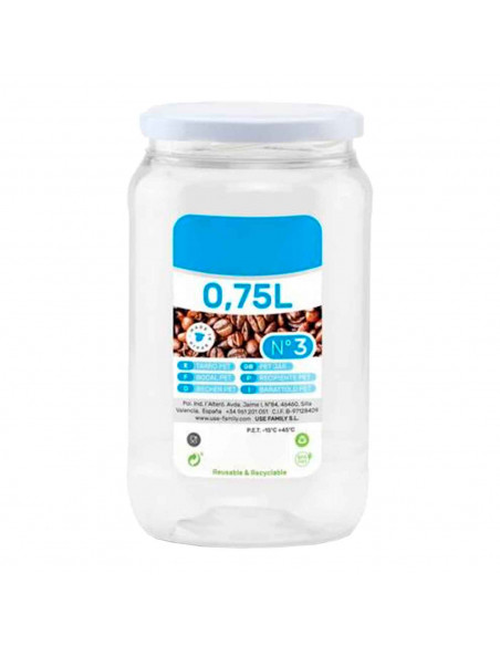Tradineur - Tarro de plástico Nº 3 - Incluye tapa metálica - Ideal para la conservación de tus alimentos - Capacidad de 0,75 Lit