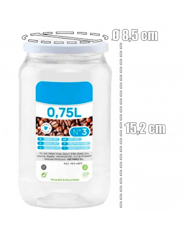 Tradineur - Tarro de plástico Nº 3 - Incluye tapa metálica - Ideal para la conservación de tus alimentos - Capacidad de 0,75 Lit