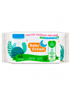 Tradineur - Toallitas húmedas para bebé Baby Cream - Incluye 60 Unidades - Material Natural - Biodegradable - Incluye tapa.