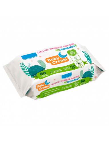 Tradineur - Toallitas húmedas para bebé Baby Cream - Incluye 60 Unidades - Material Natural - Biodegradable - Incluye tapa.