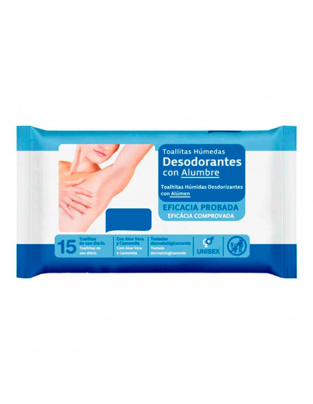 Tradineur - Toallitas húmedas desodorantes - Incluye 15 Unidades - Material Natural - Alumbre, Aloe vera y Camomila.