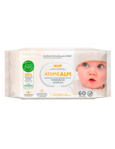 Tradineur - Toallitas para bebes "Atopicalm" - Incluye 60 Unidades - Especial para pieles sensibles con tendencia atópica.