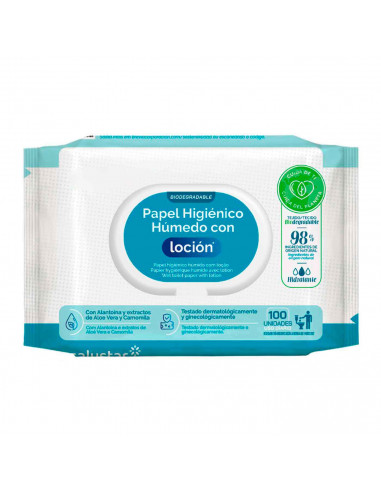 Tradineur - Papel Higiénico Húmedo - Incluye 100 Unidades - Material Natural biodegradable - Hidratante - Aloe vera y Camomila.