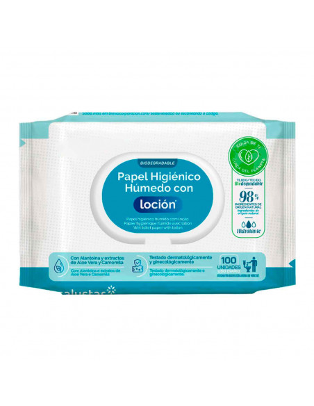 Tradineur - Papel Higiénico Húmedo - Incluye 100 Unidades - Material Natural biodegradable - Hidratante - Aloe vera y Camomila.