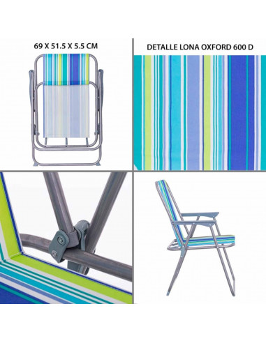 Silla de playa plegable de hierro y loneta de 53 x 46 x 75 cm. Asiento para playa o campo con divertido diseño de loca. Asiento