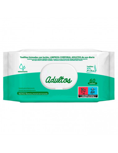 Tradineur - Toallitas para limpieza corporal adulta - Sin ingredientes de origen animal - Incluye 60 Toallas - 30 x 20 cm.