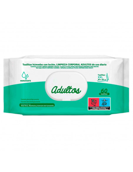 Tradineur - Toallitas para limpieza corporal adulta - Sin ingredientes de origen animal - Incluye 60 Toallas - 30 x 20 cm.