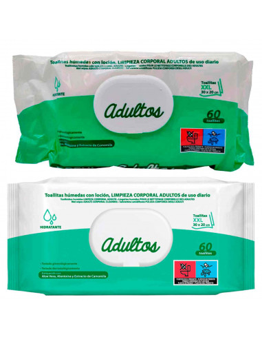 Tradineur - Toallitas para limpieza corporal adulta - Sin ingredientes de origen animal - Incluye 60 Toallas - 30 x 20 cm.