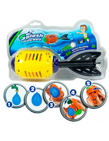 Tradineur - Juego splash rocket con 50 globos de agua, cohete loco, juguete de agua para exterior, verano, niños, 27 x 9 cm, col