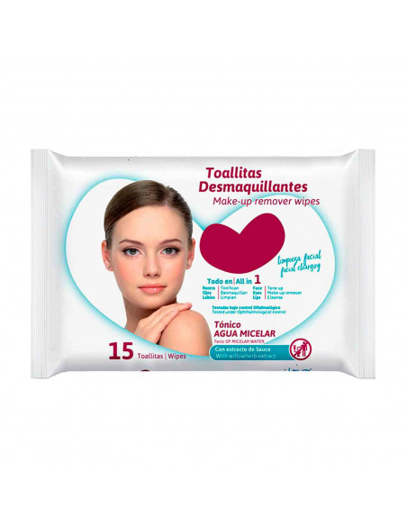 Tradineur - Toallitas desmaquillantes con tónico de agua micelar - Todo en 1, tonifica, desmaquilla y limpia. - Incluye 15 Toall