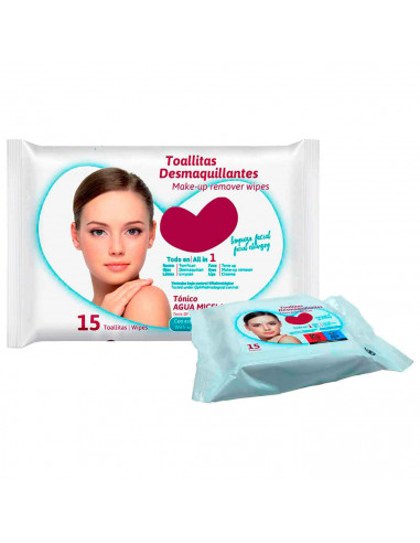 Tradineur - Toallitas desmaquillantes con tónico de agua micelar - Todo en 1, tonifica, desmaquilla y limpia. - Incluye 15 Toall