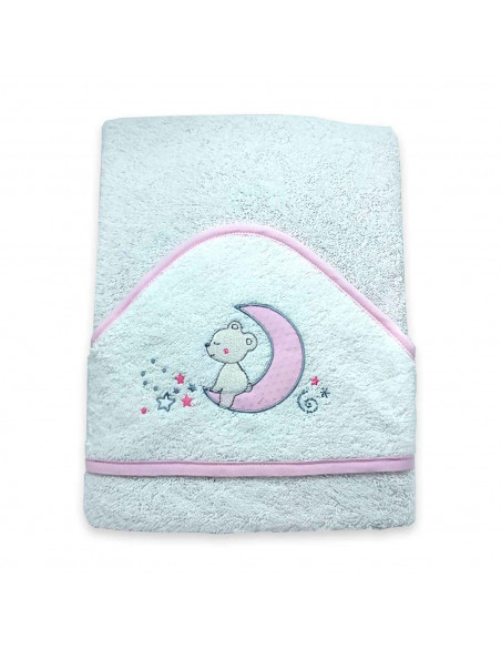 Tradineur - Capa/Toalla de baño para bebé - Diseño de osito en luna - Garantiza el confort del bebé - 100 x 100 cm - Color Rosa