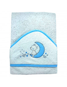 Tradineur - Capa/Toalla de baño para bebé - Diseño de osito en luna - Garantiza el confort del bebé - 100 x 100 cm - Color Azul