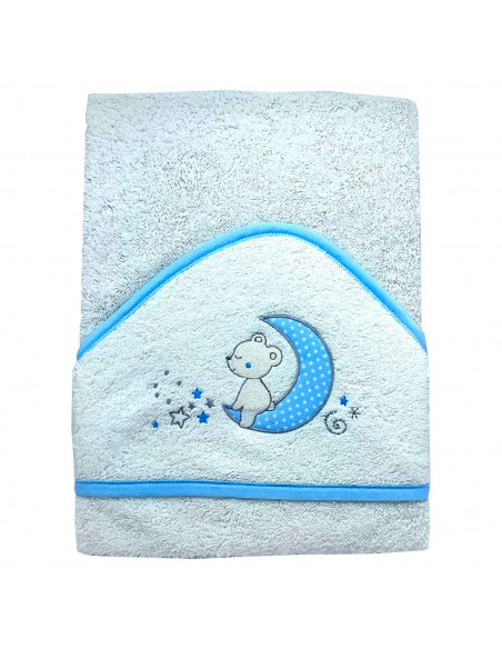 Tradineur - Capa/Toalla de baño para bebé - Diseño de osito en luna - Garantiza el confort del bebé - 100 x 100 cm - Color Azul