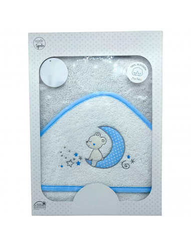 Tradineur - Capa/Toalla de baño para bebé - Diseño de osito en luna - Garantiza el confort del bebé - 100 x 100 cm - Color Azul