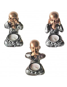 Tradineur - Pack 3 Figuras de Budas sentados con portavelas, monjes decorativos de resina con vela, regalo original, meditación,