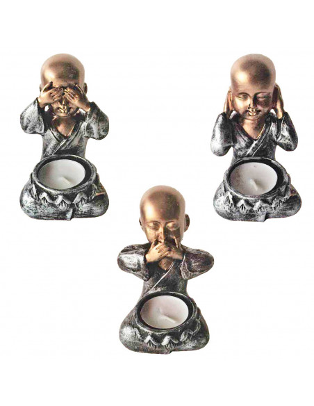 Tradineur - Pack 3 Figuras de Budas sentados con portavelas, monjes decorativos de resina con vela, regalo original, meditación,