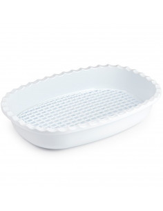 Tradineur - Bandeja de plástico redondeada para descongelar,de color blanco y rejilla y 32 x 21,5 x 6 cm. Recipiente para descon