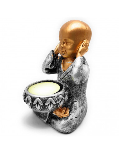 Tradineur - Pack 3 Figuras de Budas sentados con portavelas, monjes decorativos de resina con vela, regalo original, meditación,