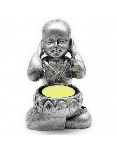 Tradineur - Pack 3 Figuras de Budas sentados con portavelas, monjes decorativos de resina con vela, regalo original, meditación,