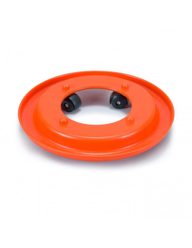 Portabombonas de butano de color naranja y de 32,5 cm de diámetro y 5,5 cm de alto con 4 ruedas, Soporte para bombonas con rueda