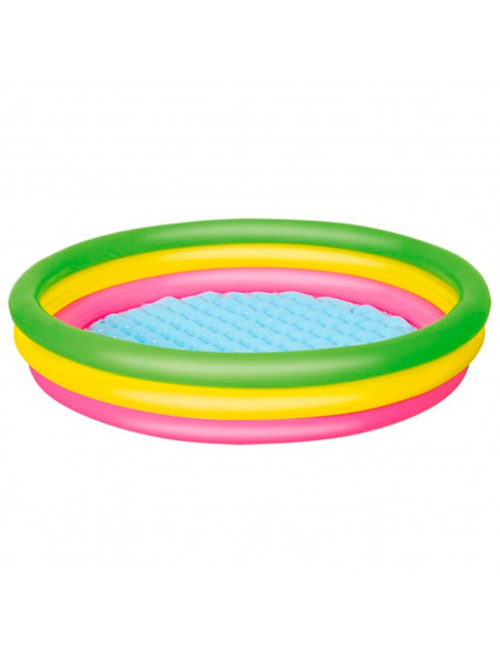 Tradineur - Piscina hinchable infantil con 3 anillos de colores, suelo suave y parche de reparación, inflables de verano (221 li