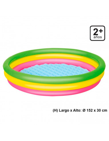 Tradineur - Piscina hinchable infantil con 3 anillos de colores, suelo suave y parche de reparación, inflables de verano (221 li