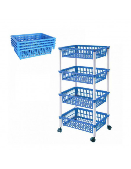 Carro verdulero Modelo PLFT azul con ruedas 4 cestas 85 x 39,5 x 29,5 cm . Carrito portaobjetos estantes multiusos para organiza