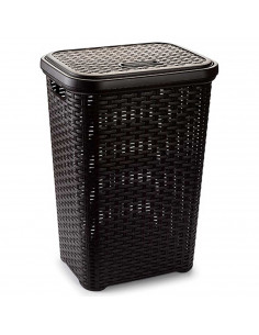 Tradineur -  Cesto para ropa sucia de plástico con tapa 60 litros, wengué, 43 x 35,5 x 62 cm, pongotodo, cubo para la colada con