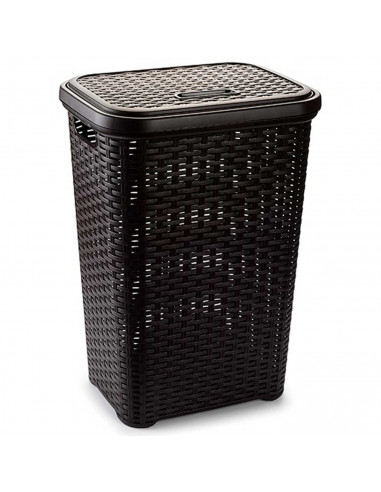 Tradineur -  Cesto para ropa sucia de plástico con tapa 60 litros, wengué, 43 x 35,5 x 62 cm, pongotodo, cubo para la colada con