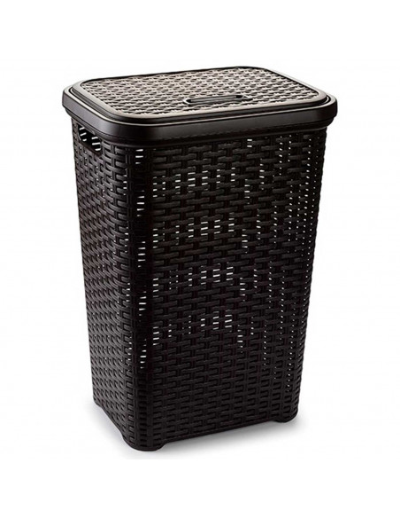 Tradineur -  Cesto para ropa sucia de plástico con tapa 60 litros, wengué, 43 x 35,5 x 62 cm, pongotodo, cubo para la colada con