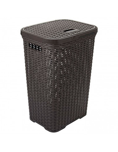 Tradineur -  Cesto para ropa sucia de plástico con tapa 60 litros, wengué, 43 x 35,5 x 62 cm, pongotodo, cubo para la colada con