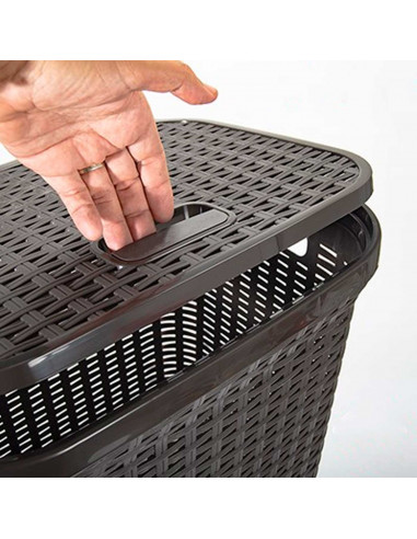 Tradineur -  Cesto para ropa sucia de plástico con tapa 60 litros, wengué, 43 x 35,5 x 62 cm, pongotodo, cubo para la colada con