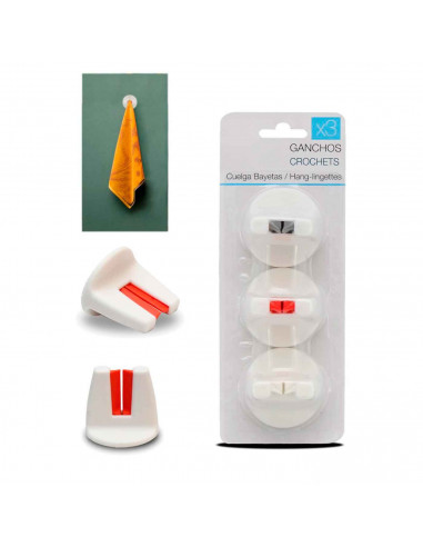 Tradineur - Pack de 3 Ganchos cuelga bayetas - Fabricado en plástico PVC - Fácil de usar - Autoadhesivo - Ideal para baños o coc