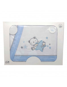 Tradineur - Juego de sabanas para cuna - Diseño azul de oso y conejo - Fabricado 100% algodón - Incluye:  funda de almohada + sa