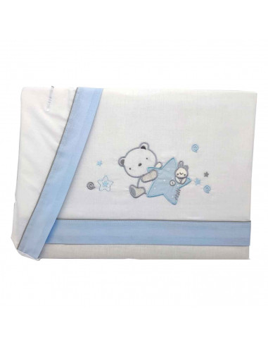 Tradineur - Juego de sabanas para cuna - Diseño azul de oso y conejo - Fabricado 100% algodón - Incluye:  funda de almohada + sa