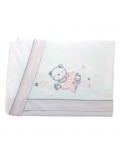 Tradineur - Juego de sabanas para cuna - Diseño rosado de oso y conejo - Fabricado 100% algodón - Incluye:  funda de almohada +
