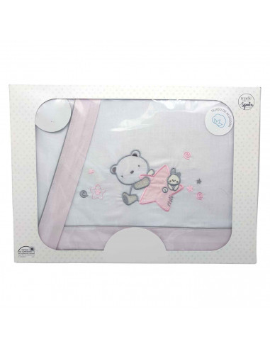 Tradineur - Juego de sabanas para cuna - Diseño rosado de oso y conejo - Fabricado 100% algodón - Incluye:  funda de almohada +