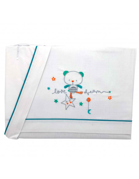 Tradineur - Juego de sabanas para cuna - Diseño de oso arriba de estrella azul - Fabricado 100% algodón - Incluye: funda de alm Tradineur - Juego de sabanas para cuna - Diseño de oso arriba de estrella azul - Fabricado 100% algodón - Incluye: funda de alm