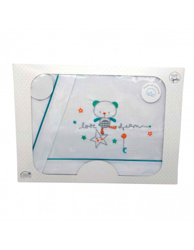 Tradineur - Juego de sabanas para cuna - Diseño de oso arriba de estrella azul - Fabricado 100% algodón - Incluye:  funda de alm