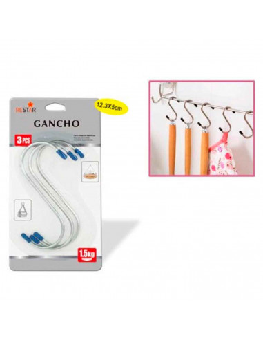 Tradineur - Pack de 3 Ganchos forma "S" - Fabricado en Acero - Resistente a peso y a dobleces - Uso en casa, baño, garage, entre