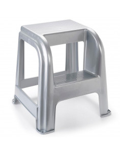 Tradineur - Taburete plástico gris plata con peldaño 45.5 x 44.2 x 42 cm, banqueta, silla, escalera de dos pasos ligera, hogar